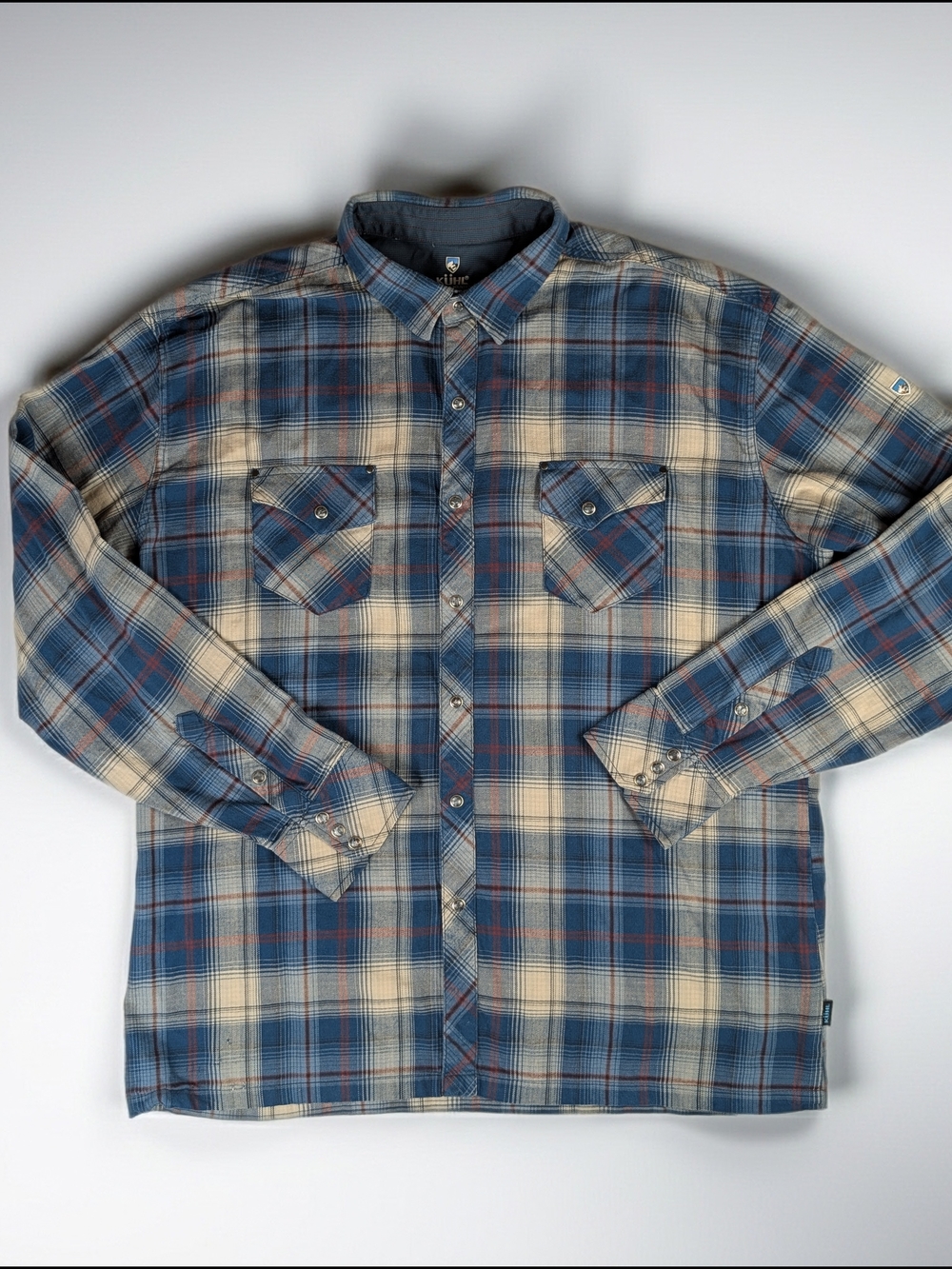 Kuhl Pearl Snap Button Down Plaid  Flannel Men's XXL Blue Beige Red